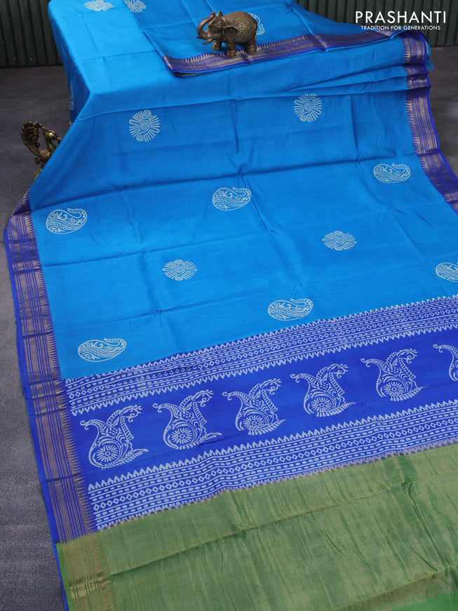 Munga tussar silk saree cs blue and blue with butta prints and zari woven border