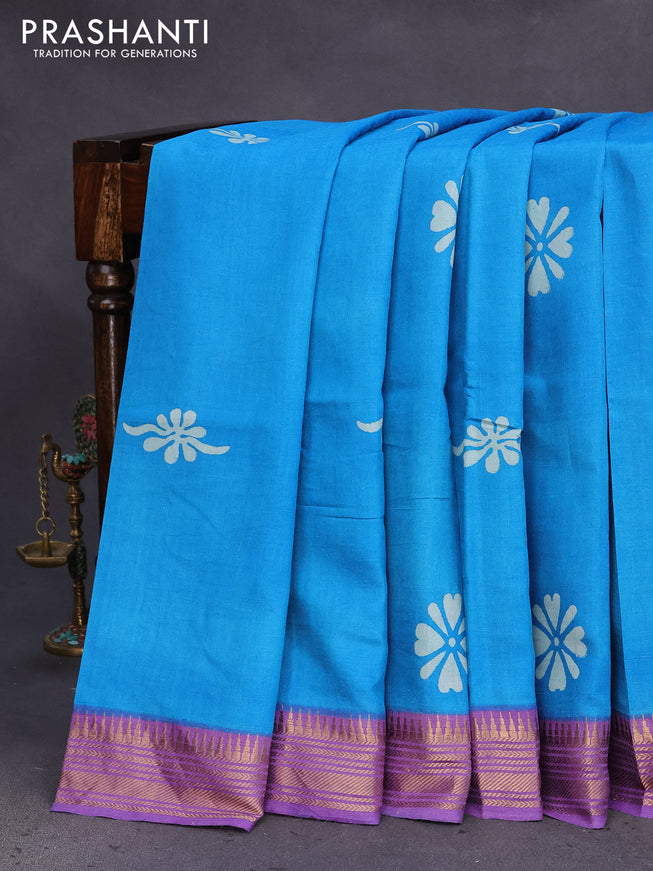 Munga tussar silk saree cs blue and lavender with floral butta prints and zari woven border