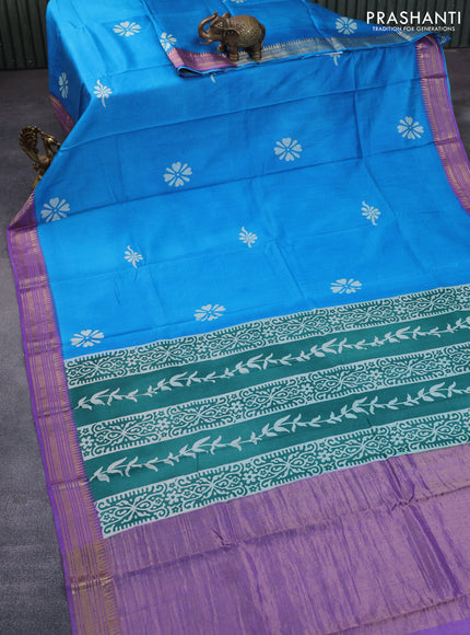 Munga tussar silk saree cs blue and lavender with floral butta prints and zari woven border