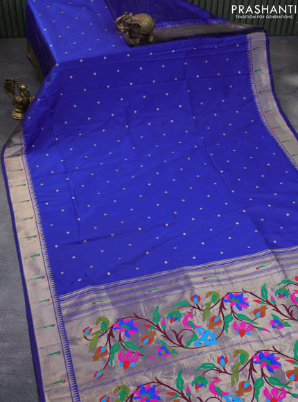 Semi paithani saree blue with zari woven buttas and zari woven muniya butta border