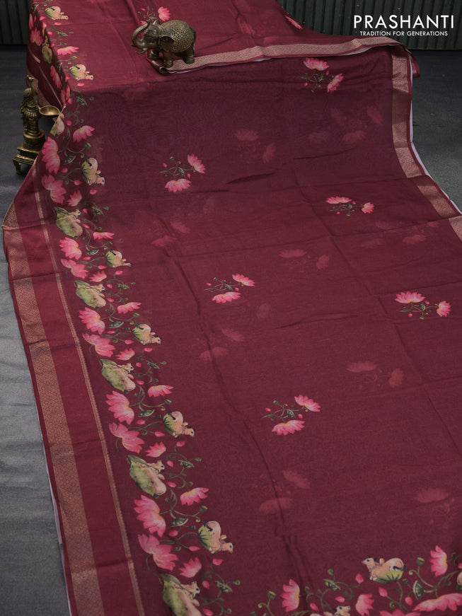 Semi georgette saree maroon with pichwai prints and rettapet zari woven border