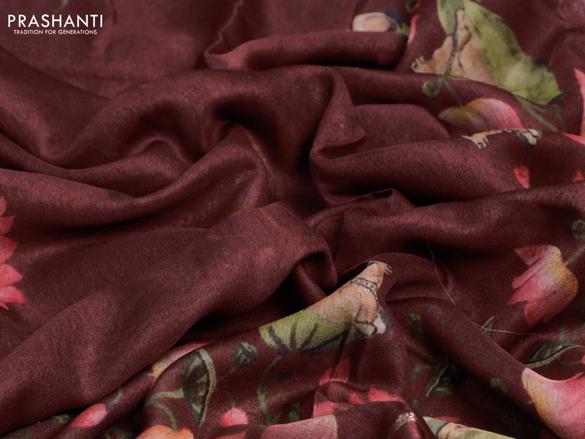 Semi georgette saree maroon with pichwai prints and rettapet zari woven border