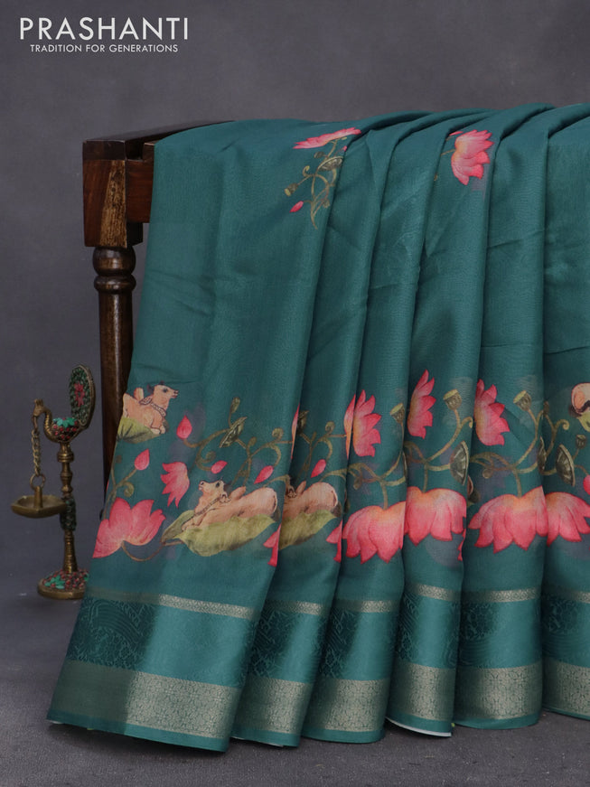 Semi georgette saree peacock green with pichwai prints and rettapet zari woven border