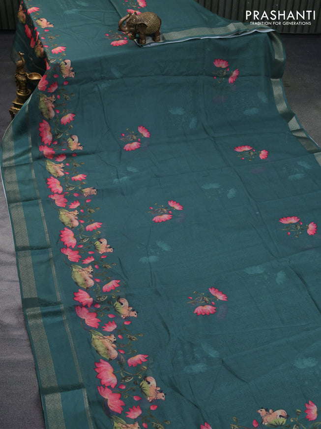 Semi georgette saree peacock green with pichwai prints and rettapet zari woven border