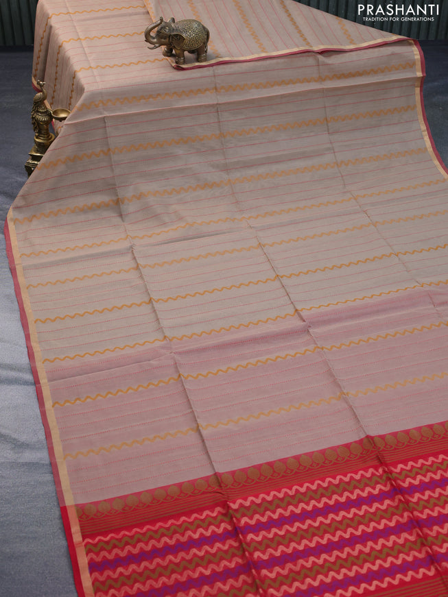 Kora silk cotton saree beige and red with allover thread weaves and small zari woven border