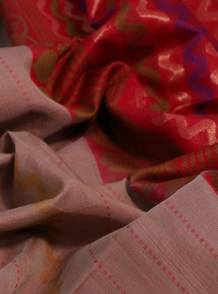 Kora silk cotton saree beige and red with allover thread weaves and small zari woven border