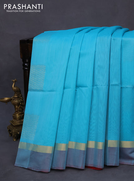 Kora silk cotton saree light blue and maroon with zari woven buttas and zari woven simple border