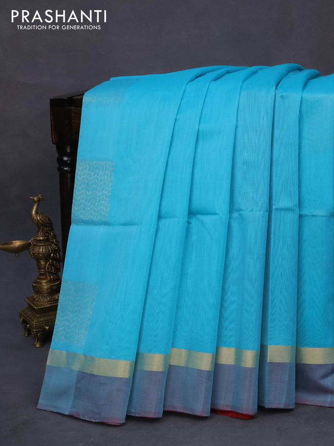 Kora silk cotton saree light blue and maroon with zari woven buttas and zari woven simple border