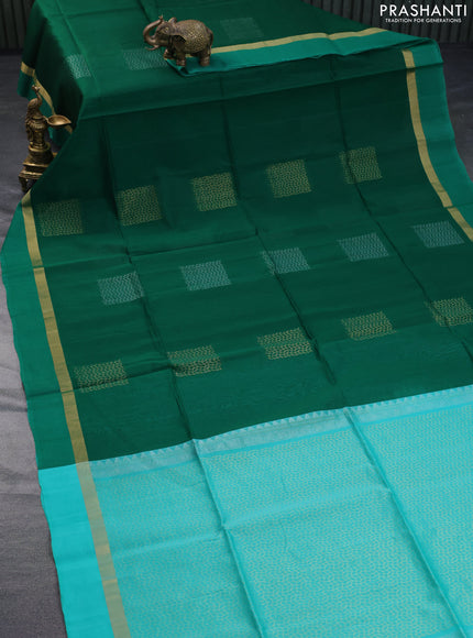 Kora silk cotton saree green and teal green with zari woven buttas and zari woven simple border