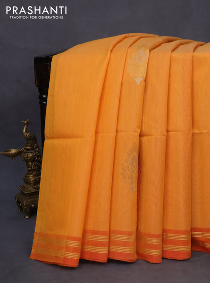 Kora silk cotton saree mustard yellow and red with zari woven buttas and zari woven border