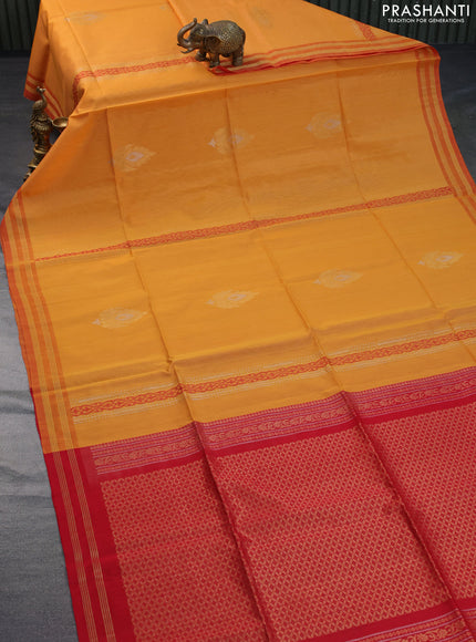 Kora silk cotton saree mustard yellow and red with zari woven buttas and zari woven border