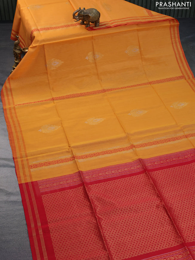 Kora silk cotton saree mustard yellow and red with zari woven buttas and zari woven border