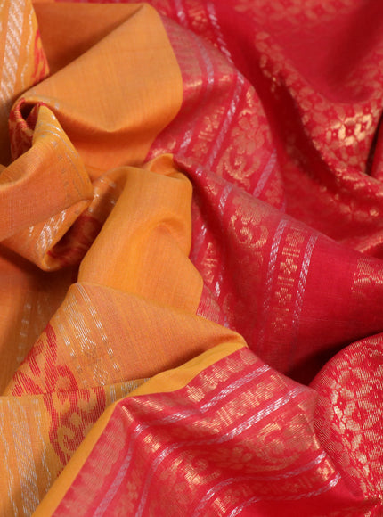 Kora silk cotton saree mustard yellow and red with zari woven buttas and zari woven border