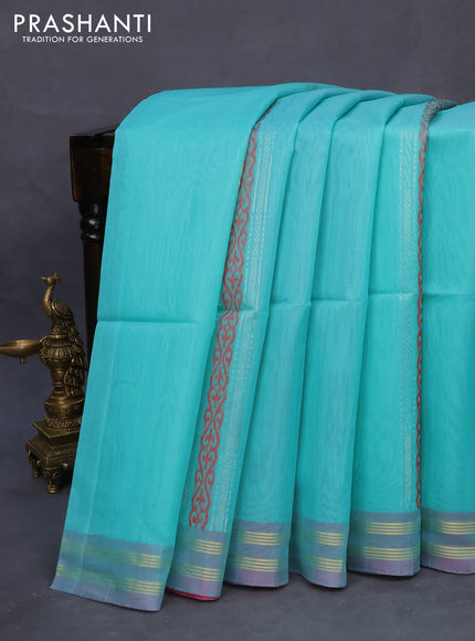 Kora silk cotton saree teal green and pink shade with zari woven buttas and zari woven border