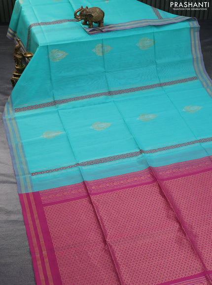 Kora silk cotton saree teal green and pink shade with zari woven buttas and zari woven border