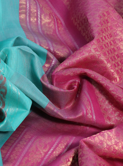 Kora silk cotton saree teal green and pink shade with zari woven buttas and zari woven border