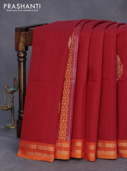 Kora silk cotton saree maroon and mustard yellow with zari woven buttas and zari woven border