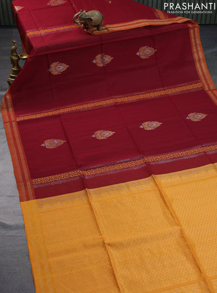 Kora silk cotton saree maroon and mustard yellow with zari woven buttas and zari woven border