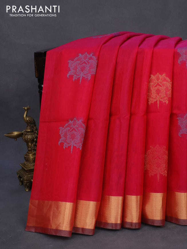 Kora silk cotton saree dual shade of pink and bluish grey with thread & zari woven buttas and zari woven border