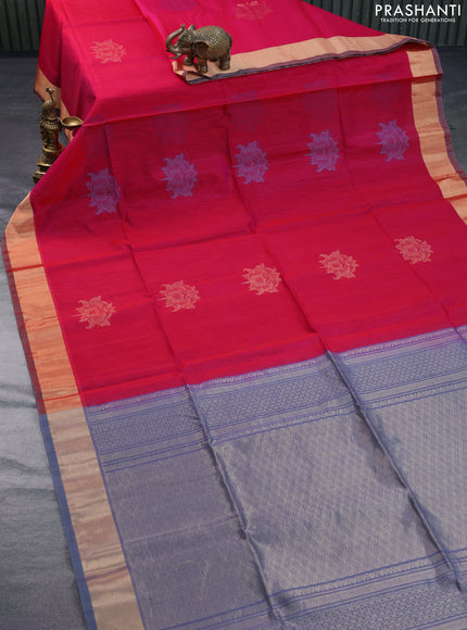 Kora silk cotton saree dual shade of pink and bluish grey with thread & zari woven buttas and zari woven border