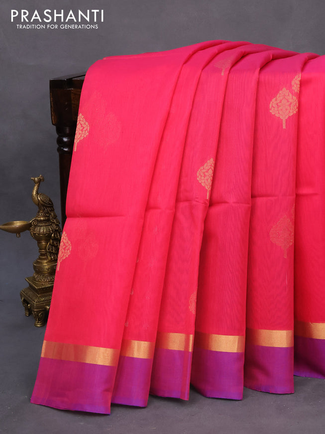 Kora silk cotton saree pink and blue with silver zari woven buttas and zari woven simple border