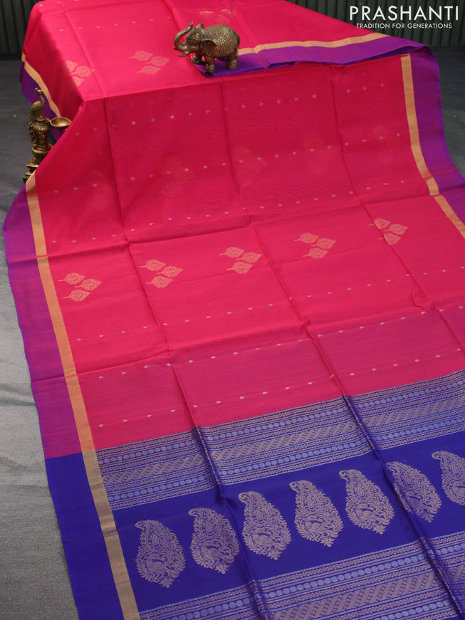 Kora silk cotton saree pink and blue with silver zari woven buttas and zari woven simple border