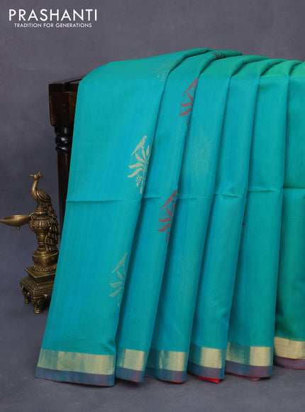 Kora silk cotton saree green and magenta pink with zari woven buttas and small zari woven border