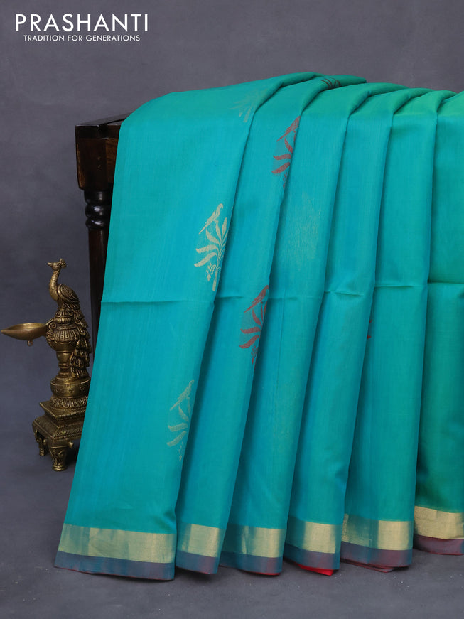 Kora silk cotton saree green and magenta pink with zari woven buttas and small zari woven border