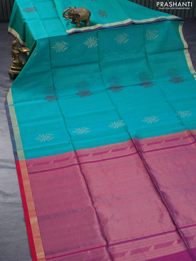 Kora silk cotton saree green and magenta pink with zari woven buttas and small zari woven border