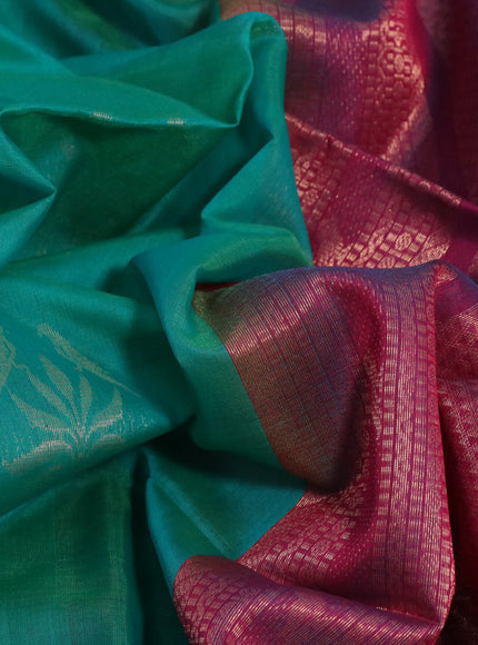 Kora silk cotton saree green and magenta pink with zari woven buttas and small zari woven border