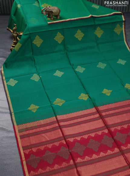 Kora silk cotton saree green and maroon with thread woven buttas and small zari woven border