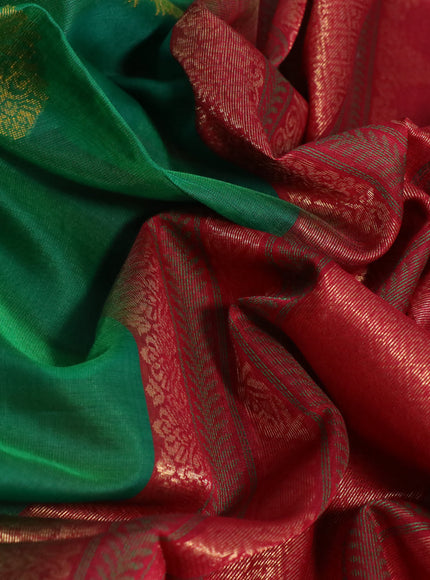 Kora silk cotton saree green and maroon with thread woven buttas and small zari woven border