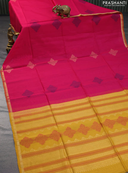 Kora silk cotton saree pink and mustard yellow with thread woven buttas and small zari woven border