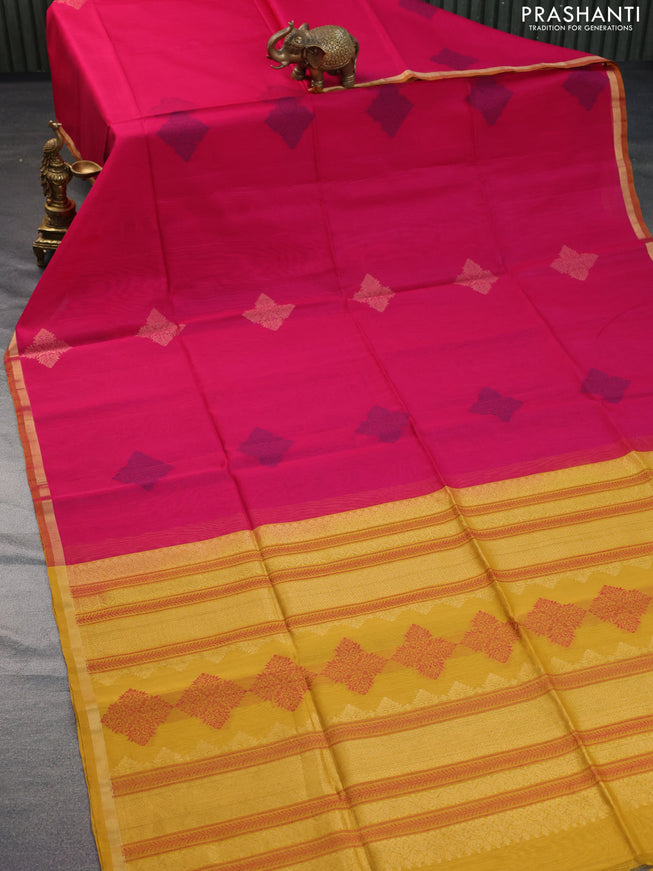 Kora silk cotton saree pink and mustard yellow with thread woven buttas and small zari woven border