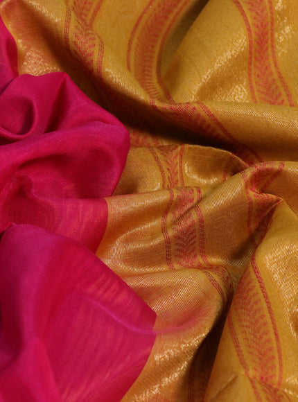 Kora silk cotton saree pink and mustard yellow with thread woven buttas and small zari woven border