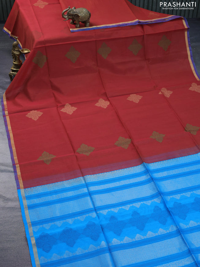 Kora silk cotton saree maroon and cs blue with thread woven buttas and small zari woven border