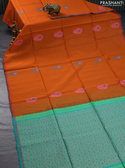 Kora silk cotton saree rustic orange and teal green with thread & zari woven buttas and small zari woven border