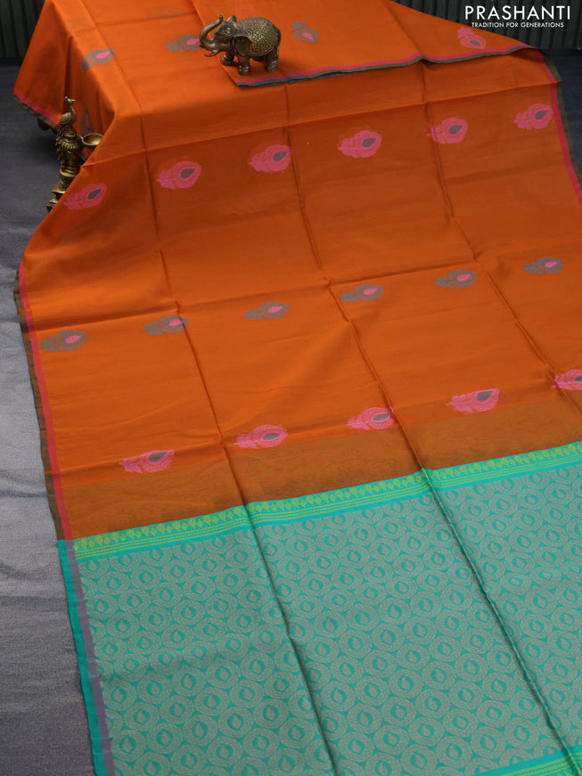 Kora silk cotton saree rustic orange and teal green with thread & zari woven buttas and small zari woven border