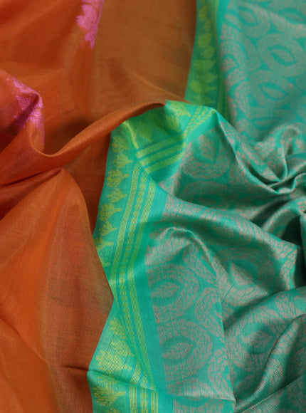 Kora silk cotton saree rustic orange and teal green with thread & zari woven buttas and small zari woven border