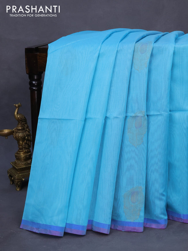 Kora silk cotton saree light blue and purple with thread & zari woven buttas and small zari woven border