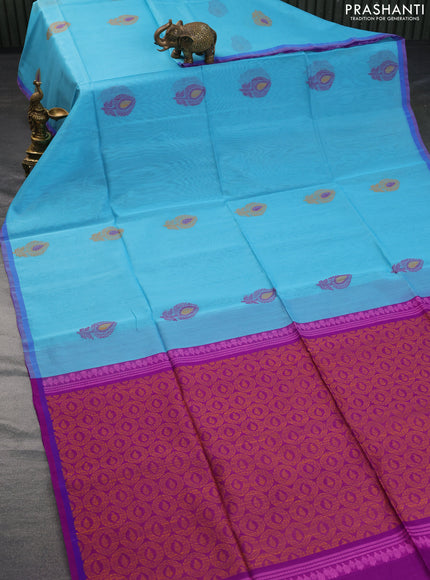 Kora silk cotton saree light blue and purple with thread & zari woven buttas and small zari woven border