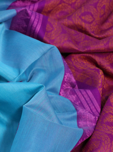 Kora silk cotton saree light blue and purple with thread & zari woven buttas and small zari woven border