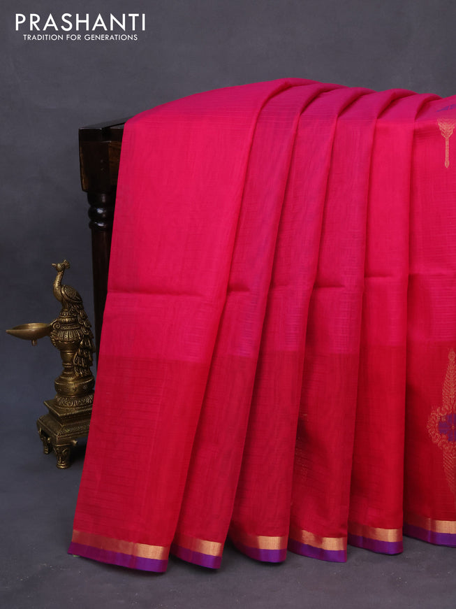 Kora silk cotton saree pink and blue with thread & zari woven buttas and long butta zari woven border