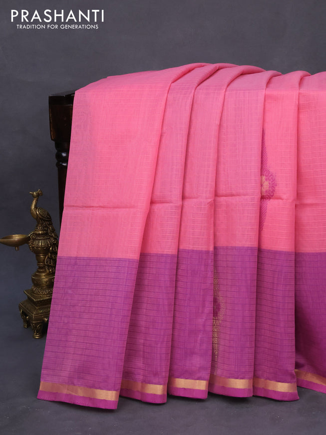 Kora silk cotton saree light pink and purple with thread & zari woven buttas and long butta zari woven border