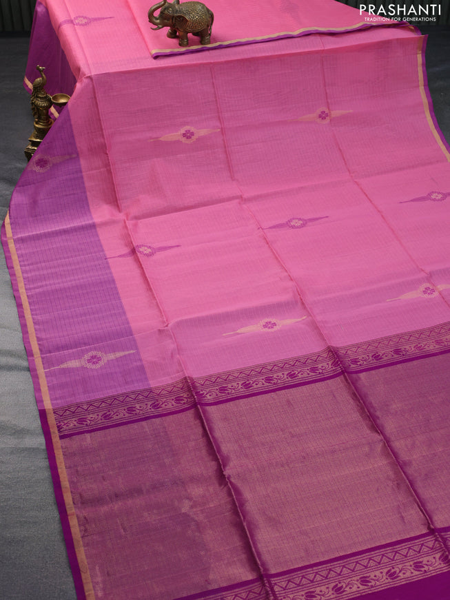 Kora silk cotton saree light pink and purple with thread & zari woven buttas and long butta zari woven border