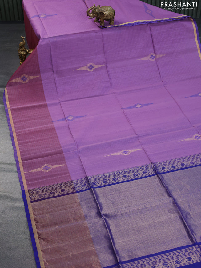 Kora silk cotton saree mild purple and blue with thread & zari woven buttas and long butta zari woven border