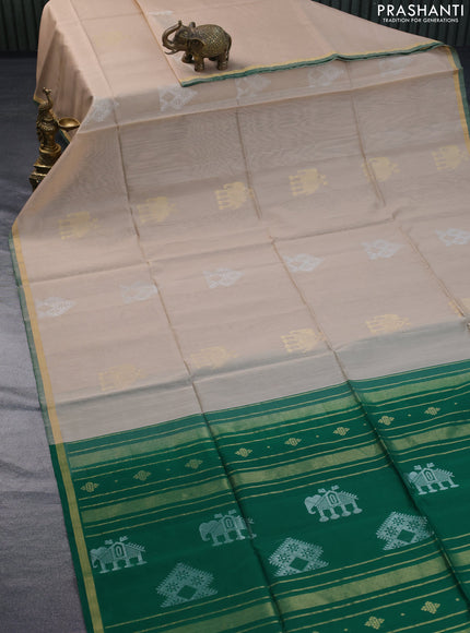 Kora silk cotton saree cream and green with silver & gold zari woven buttas and small zari woven border