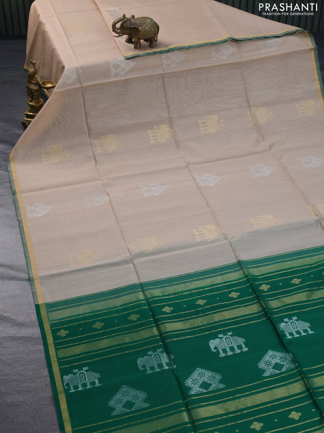 Kora silk cotton saree cream and green with silver & gold zari woven buttas and small zari woven border