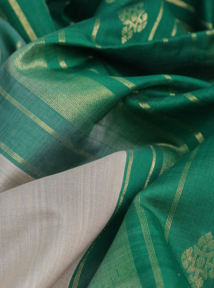 Kora silk cotton saree cream and green with silver & gold zari woven buttas and small zari woven border