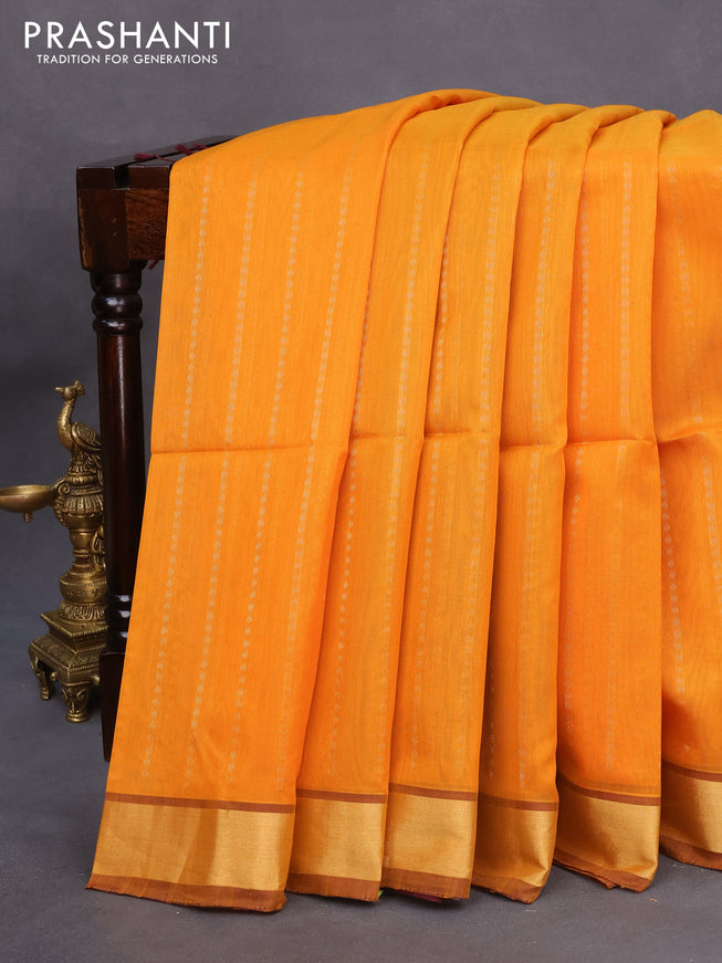 Kora silk cotton saree mango yellow and deep maroon with allover zari weaves and zari woven border